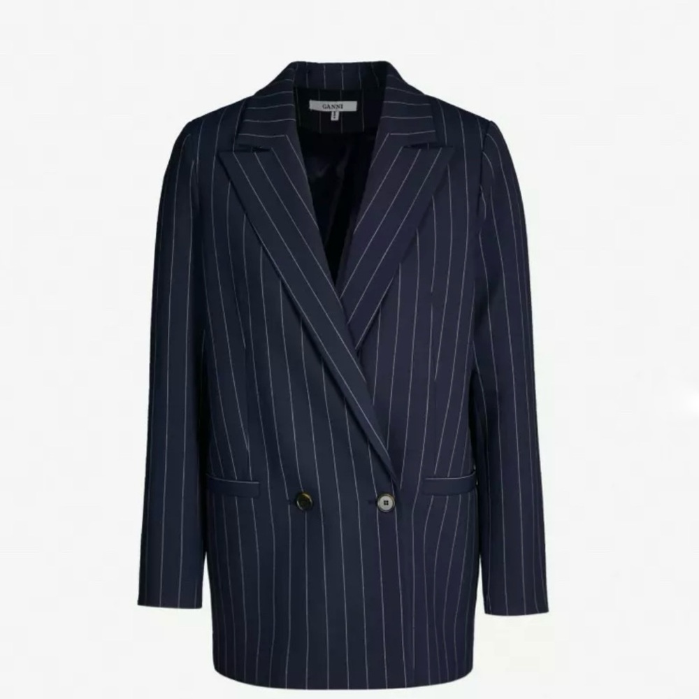 NWT Ganni Pinstripe Hewitt Blazer In Total Eclipse Sz EU 34, US 2
